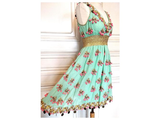 Manoush Vestido Féerie Piecettes Bordado em Lã de Algodão e Couro Rosa Turquesa Gold hardware - vista 6