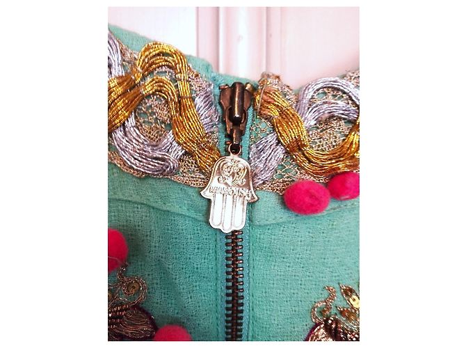 Manoush Vestido Féerie Piecettes Bordado em Lã de Algodão e Couro Rosa Turquesa Gold hardware - vista 7