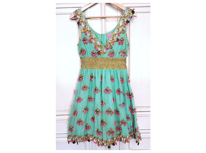 Manoush Vestido Féerie Piecettes Bordado em Lã de Algodão e Couro Rosa Turquesa Gold hardware - vista 8