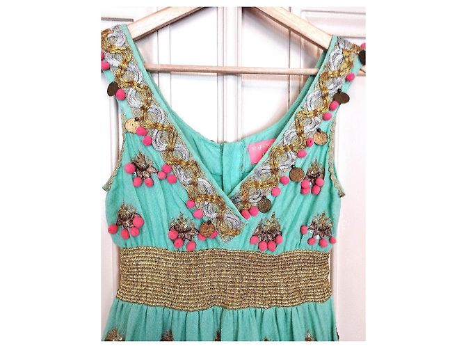 Manoush Vestido Féerie Piecettes Bordado em Lã de Algodão e Couro Rosa Turquesa Gold hardware - vista 9