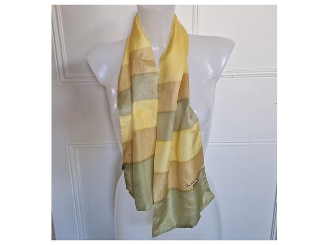 Lancel Paris Striped Silk Scarf Beige Green Yellow - view 2