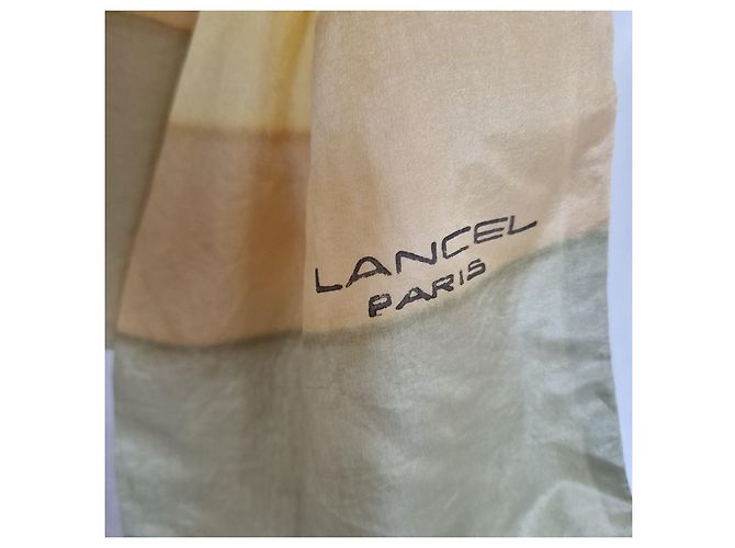 Lancel Paris Striped Silk Scarf Beige Green Yellow - view 3