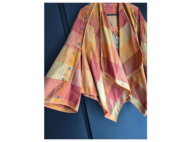 Autre Marque Monoki by Diane Goldstein Karierte Kimono-Jacke Pink Beige Orange Gelb - Ansicht 3