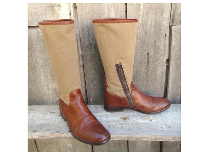 Frye Stiefel aus braunem Leder und Segeltuch Beige - Ansicht 2