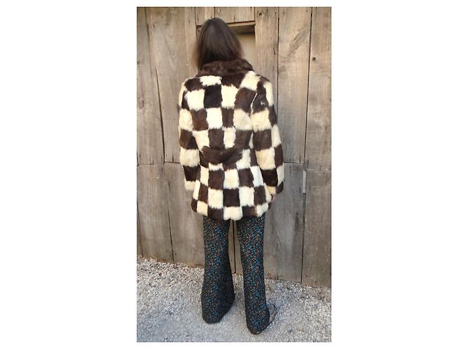 Autre Marque Cappotto vintage in pelliccia di coniglio a scacchi Marrone Bianco - vista 2