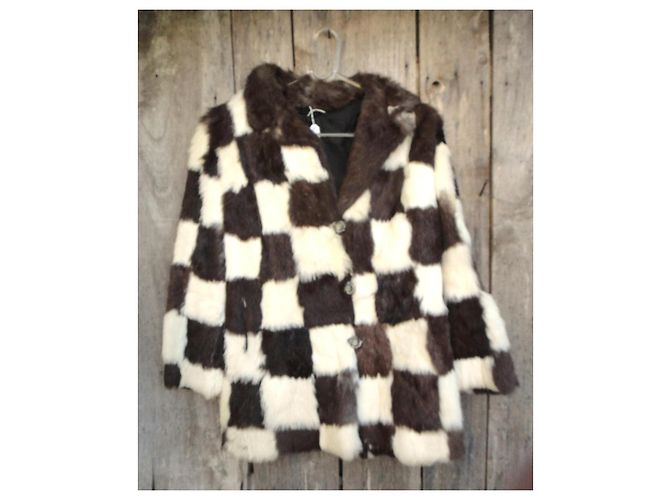 Autre Marque Cappotto vintage in pelliccia di coniglio a scacchi Marrone Bianco - vista 3