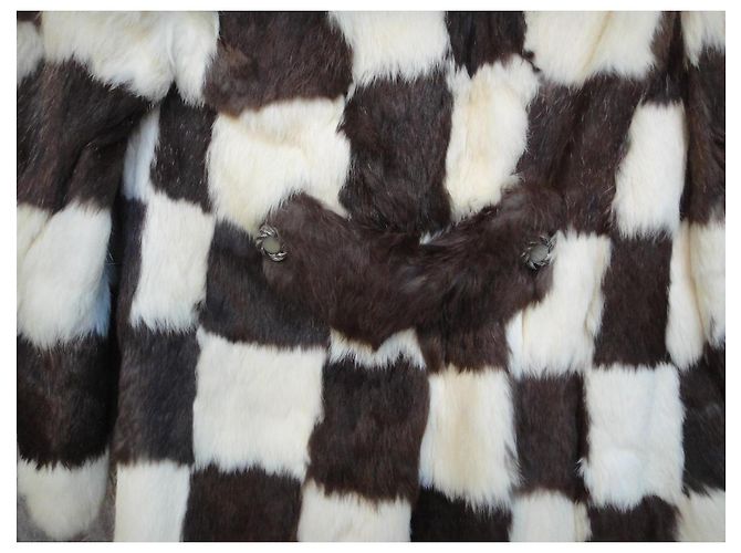 Autre Marque Cappotto vintage in pelliccia di coniglio a scacchi Marrone Bianco - vista 5