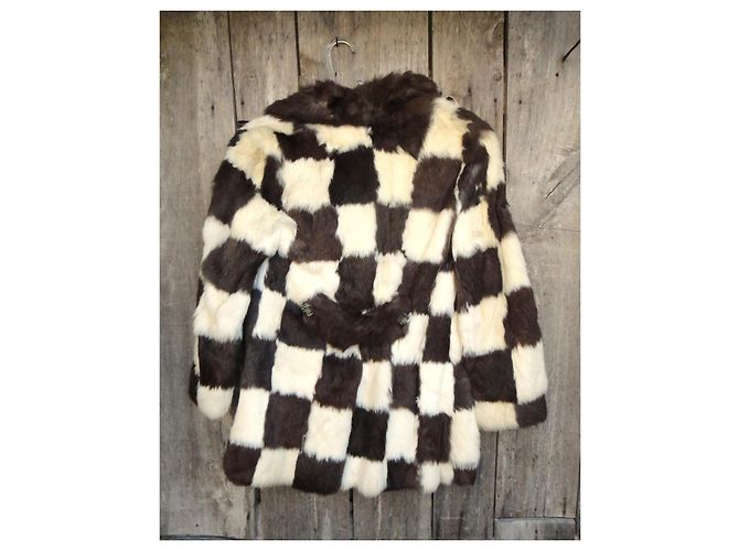 Autre Marque Cappotto vintage in pelliccia di coniglio a scacchi Marrone Bianco - vista 6