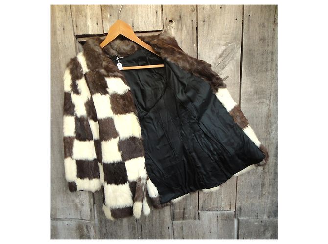 Autre Marque Cappotto vintage in pelliccia di coniglio a scacchi Marrone Bianco - vista 7