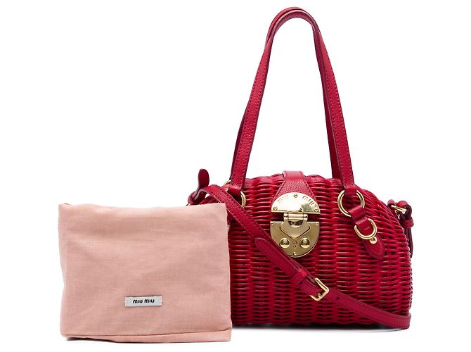 Borsa Satchel Miu Miu in vimine e rattan rosso - vista 5