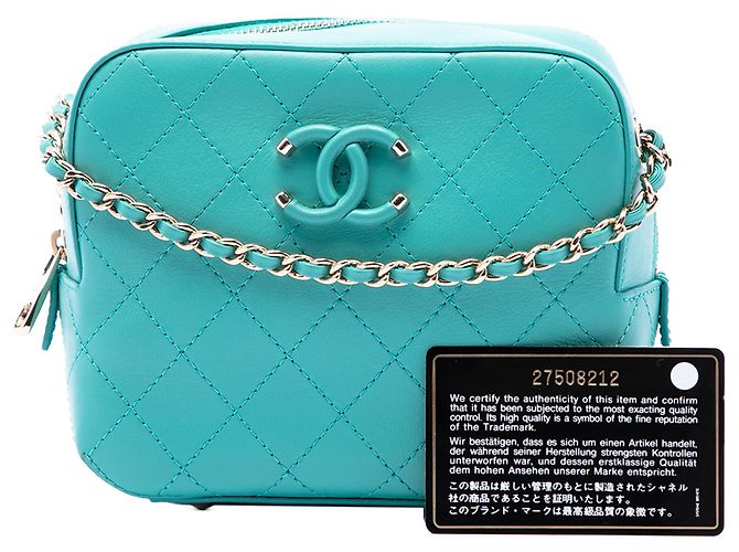 Borsa Camera Chanel in vitello smaltato blu con cuciture CC Turchese - vista 7