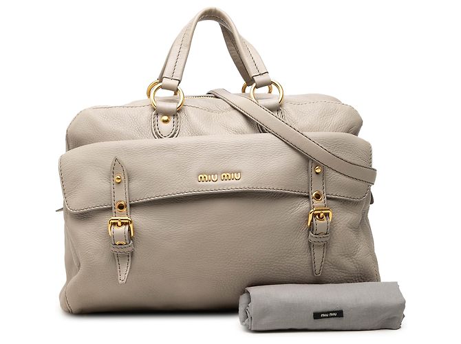 Bolsa Satchel Miu Miu em couro bege - vista 7