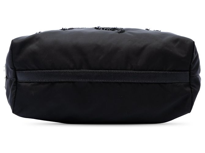 Tote convertible Prada em Tessuto preto com missangas e apliques florais - vista 3