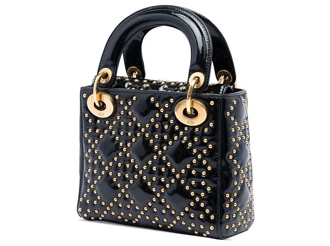 Dior Mini Lady Dior Supple en cuir verni noir avec clous Cannage - vue 2