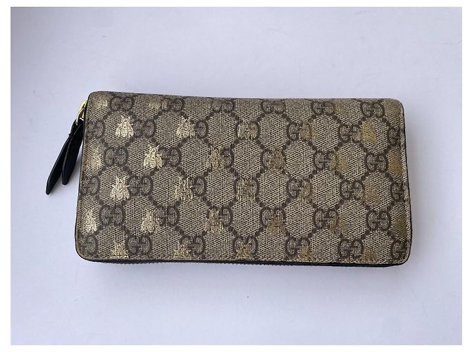 Gucci GG Supreme Bee Portafoglio con Zip Beige D'oro - vista 2