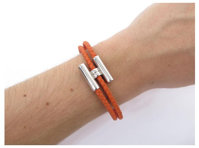 Hermès NEUES HERMES TOURNIS ARMBAND H068406FP PALLADIUM ORANGES FLECHTLEDER BANGLE - Ansicht 5