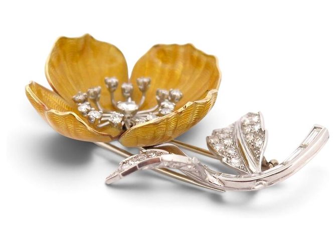 VINTAGE BROCHE BOUCHERON EGLANTINE 18K GOLD PLATIN 23.1GR DIAMANTEN 1.6CT Golden - Ansicht 2