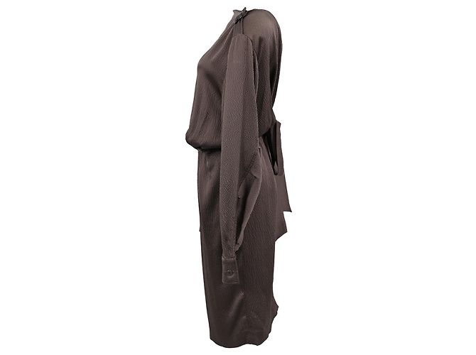 Hermès Midi-Kleid mit langen Ärmeln und Bindegürtel aus brauner Seide Rot - Ansicht 2