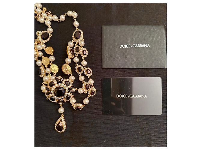 Colar Dolce & Gabbana com pérolas e cristais Preto Branco Gold hardware - vista 10