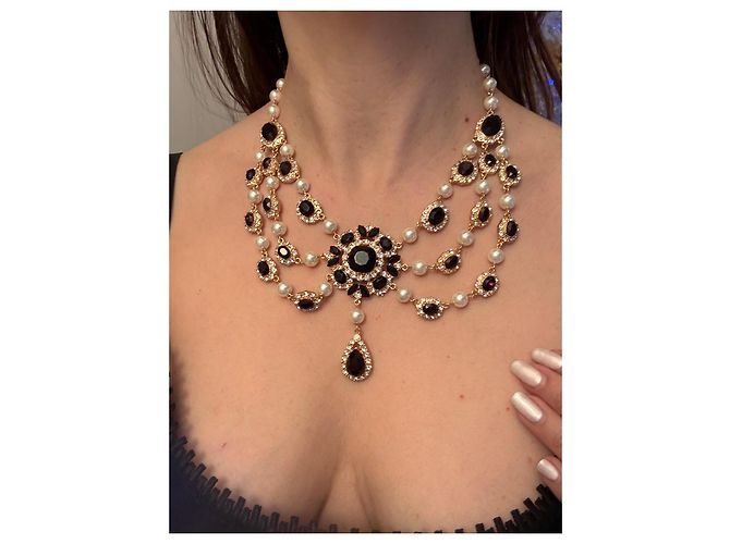 Colar Dolce & Gabbana com pérolas e cristais Preto Branco Gold hardware - vista 11