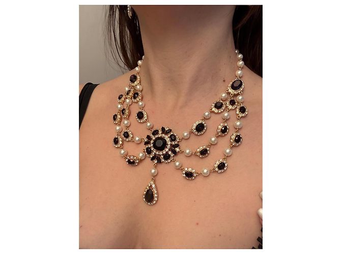 Colar Dolce & Gabbana com pérolas e cristais Preto Branco Gold hardware - vista 12