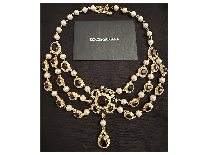Colar Dolce & Gabbana com pérolas e cristais Preto Branco Gold hardware - vista 3