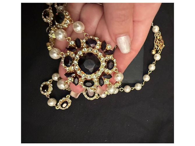 Colar Dolce & Gabbana com pérolas e cristais Preto Branco Gold hardware - vista 4