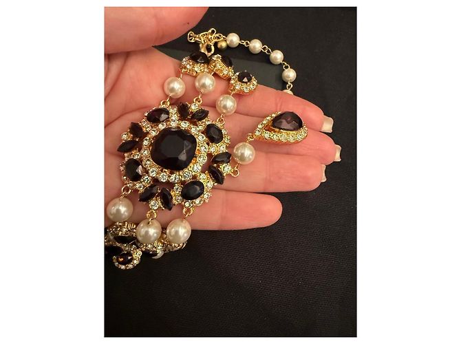 Colar Dolce & Gabbana com pérolas e cristais Preto Branco Gold hardware - vista 6