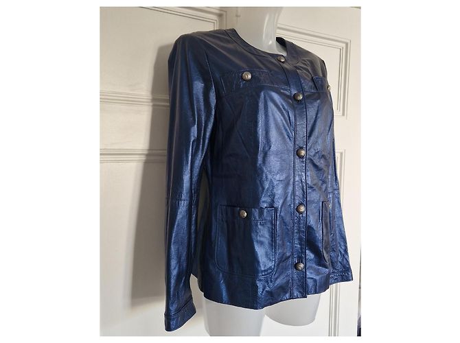 Autre Marque St. John Giacca in pelle di agnello metallizzata blu navy Blu scuro - vista 3