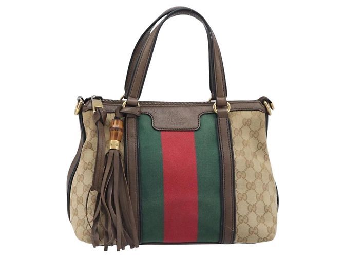 Borsa a mano GUCCI GG Canvas Bamboo Beige Gold Tone 353114 Auth LN077A - vista 13