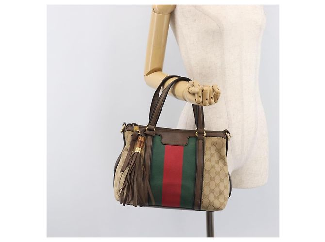 Borsa a mano GUCCI GG Canvas Bamboo Beige Gold Tone 353114 Auth LN077A - vista 28