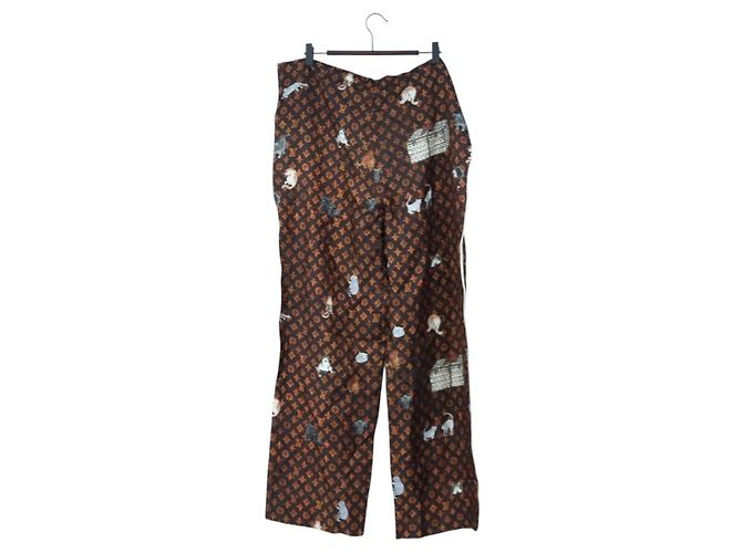 LOUIS VUITTON Pantalones rectos Catgram de seda 38 Brown LV Auth BA15774SAM Castaño - vista 10