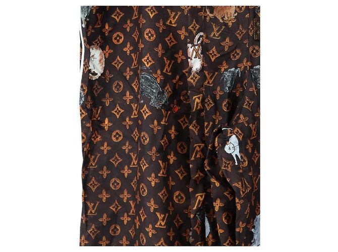 LOUIS VUITTON Pantalones rectos Catgram de seda 38 Brown LV Auth BA15774SAM Castaño - vista 4