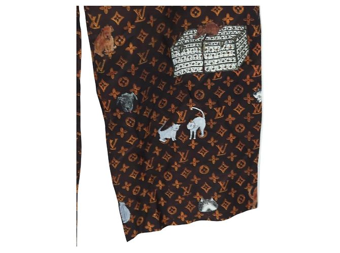 LOUIS VUITTON Pantalones rectos Catgram de seda 38 Brown LV Auth BA15774SAM Castaño - vista 9