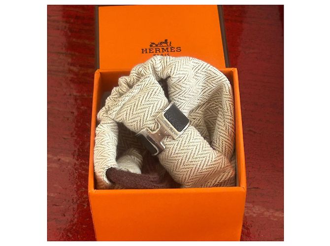 Ring Anillo Hermès "H" en plata y piel negra talla M Negro Hardware de plata - vista 2