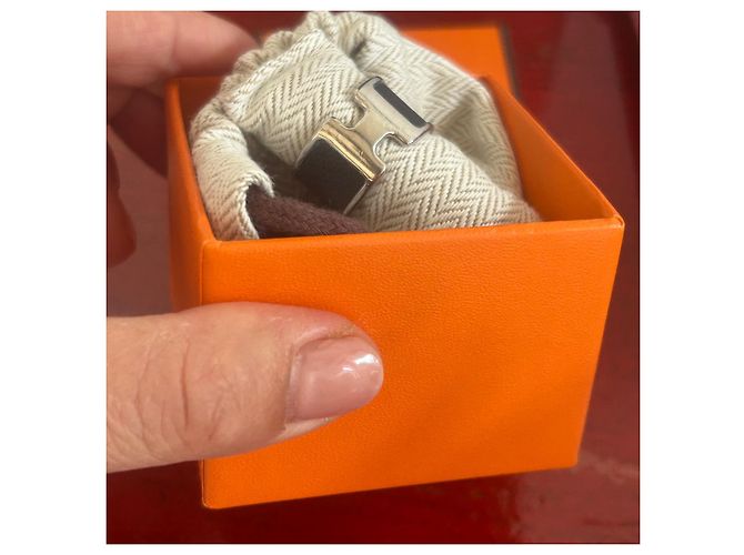 Ring Anillo Hermès "H" en plata y piel negra talla M Negro Hardware de plata - vista 3