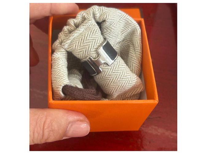 Ring Anillo Hermès "H" en plata y piel negra talla M Negro Hardware de plata - vista 4