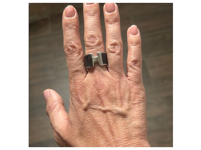 Ring Anillo Hermès "H" en plata y piel negra talla M Negro Hardware de plata - vista 7