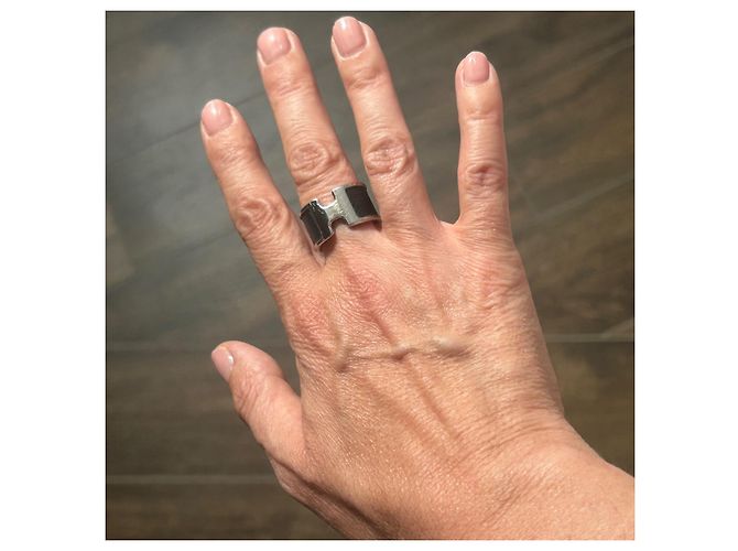 Ring Anillo Hermès "H" en plata y piel negra talla M Negro Hardware de plata - vista 8