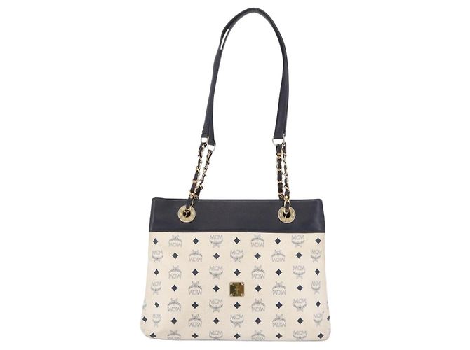 MCM Vicetos Logogram Chain Tote Bag PVC Leather White Gold Auth 202498 Tragetasche Weiß Golden - Ansicht 13