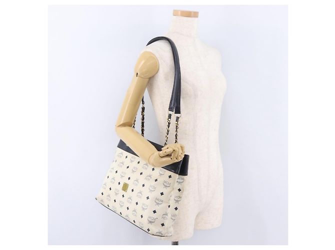 MCM Vicetos Logogram Chain Tote Bag PVC Leather White Gold Auth 202498 Tragetasche Weiß Golden - Ansicht 30