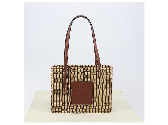 LOEWE Tote Bag Raffia Beige Silver Auth 206724M Silvery - view 12