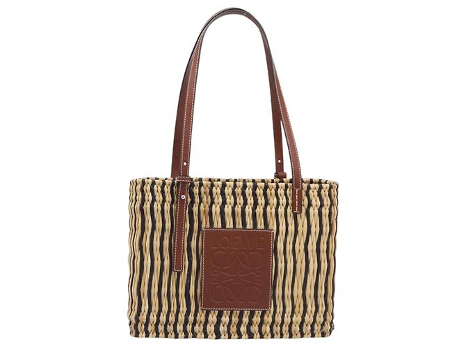 LOEWE Tote Bag Raffia Beige Silver Auth 206724M Silvery - view 13