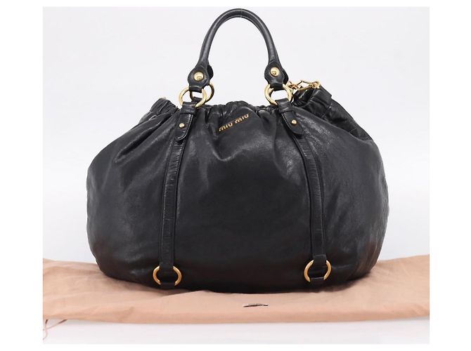 Bolsa de Mão Miu Miu em Couro 2way Preta Dourada Auth 167723M Preto Dourado - vista 12