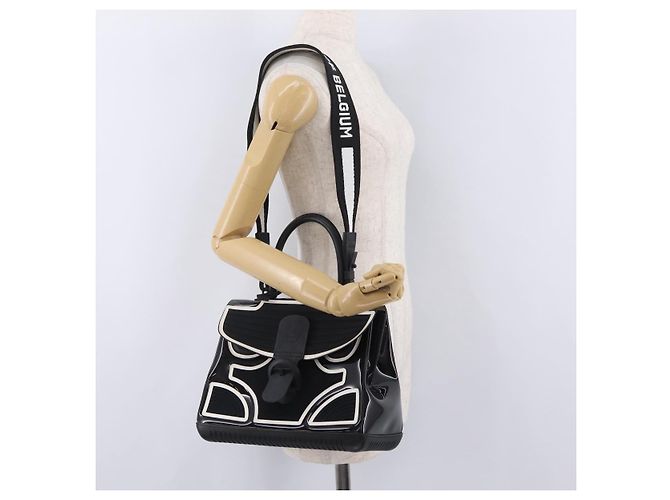 Borsa a mano DELVAUX Brillon MM Champion Vinyl 2way Nero Bianco Auth BA16209V - vista 24