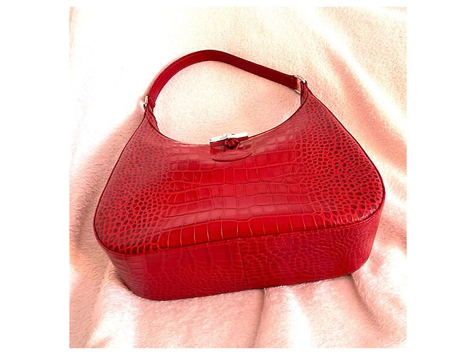 Mala Longchamp Le Roseau em couro vermelho efeito croco - vista 6