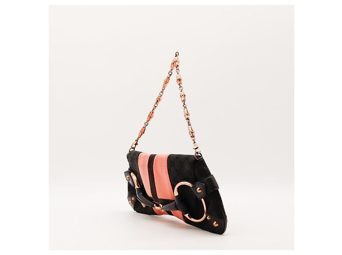 Borsa a tracolla Gucci in tela monogram e seta a righe Nero Rosa - vista 2