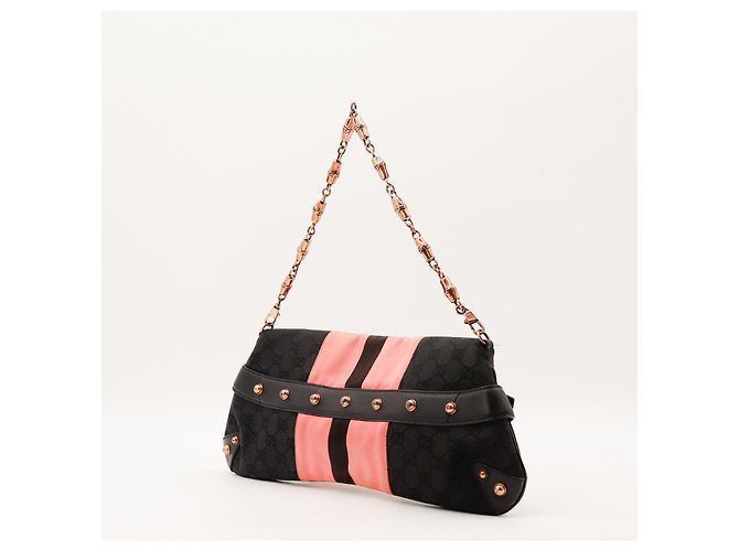 Borsa a tracolla Gucci in tela monogram e seta a righe Nero Rosa - vista 4