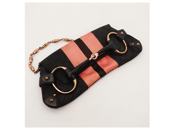 Borsa a tracolla Gucci in tela monogram e seta a righe Nero Rosa - vista 5