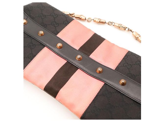 Borsa a tracolla Gucci in tela monogram e seta a righe Nero Rosa - vista 7